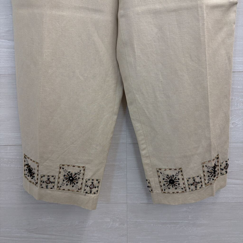 Larry Levine Beige Wide Leg Beaded Hem Pants Small