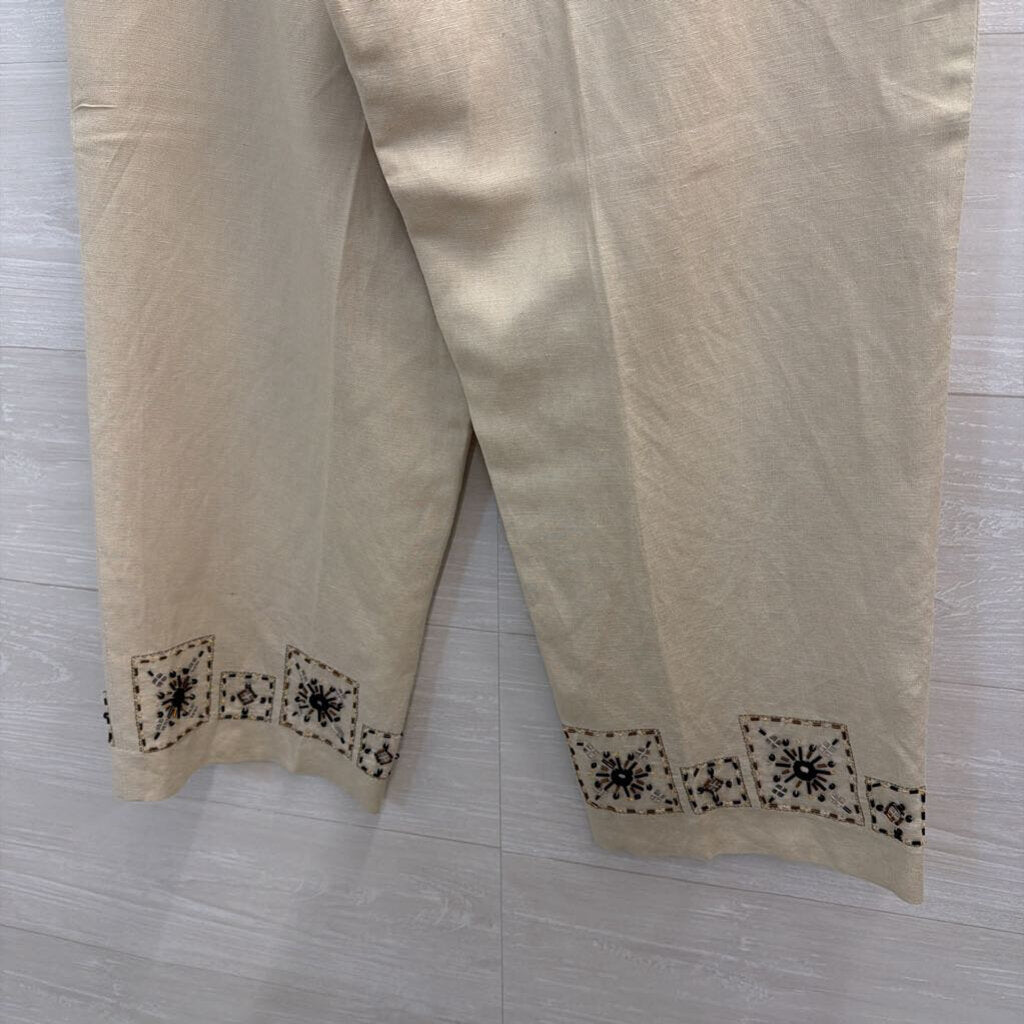 Larry Levine Beige Wide Leg Beaded Hem Pants Small