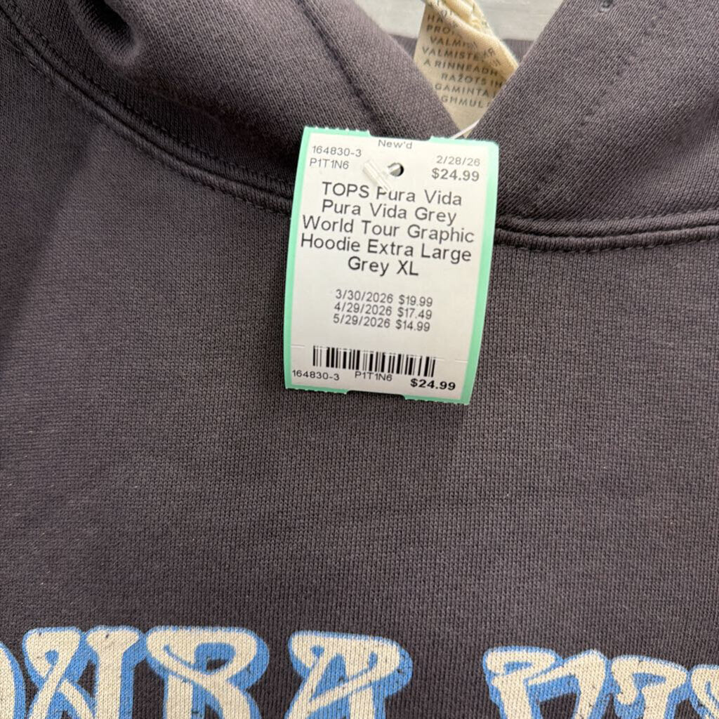 Pura Vida Grey World Tour Graphic Hoodie Extra Large