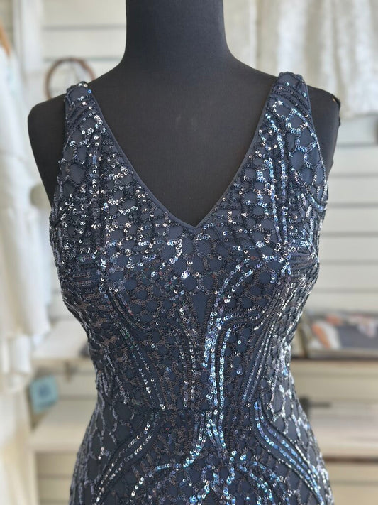 Nightway Blue Sequin Print Long Formal Dress 10