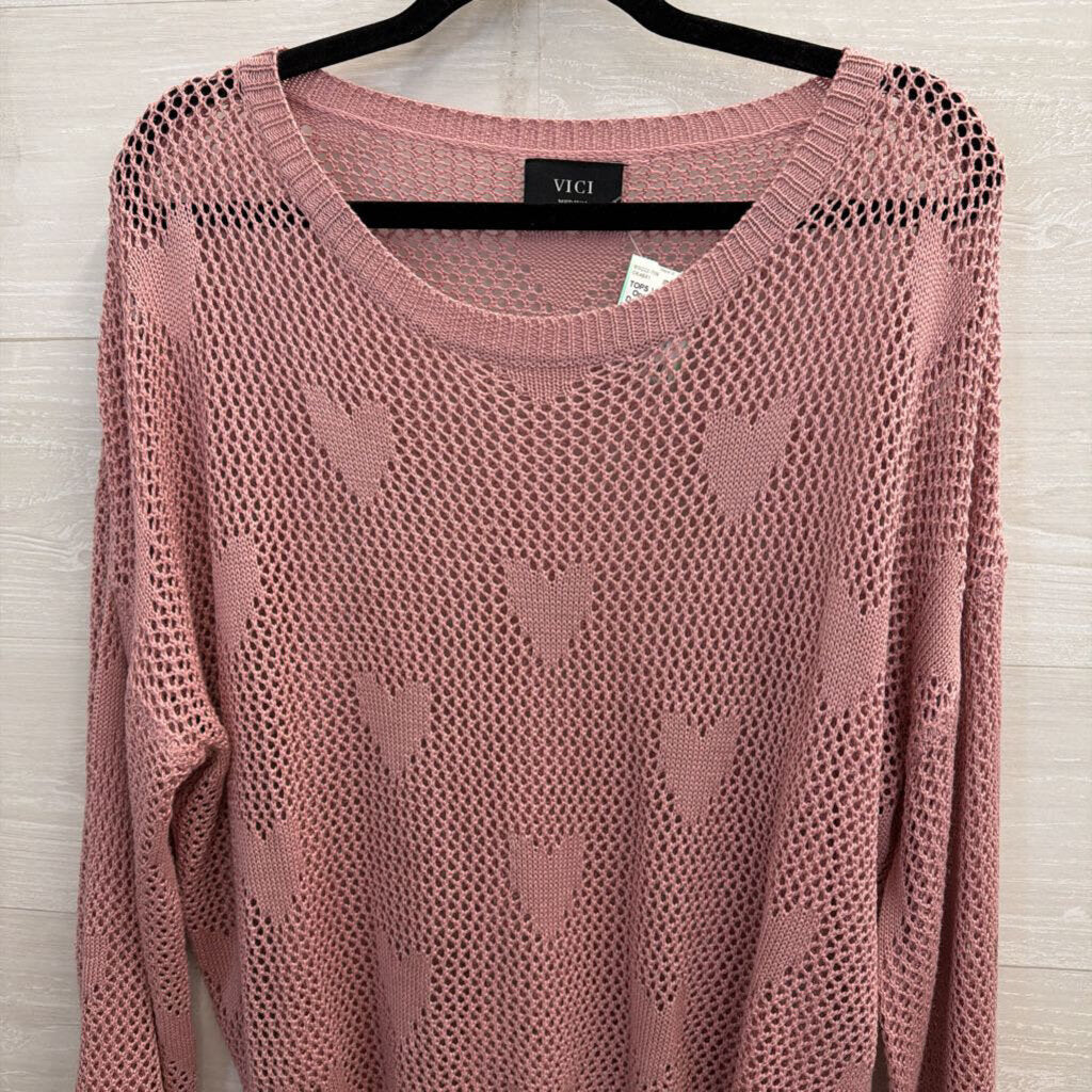 Vici Pink Open Knit Heart Detail Long Sleeve Sweater Top Medium