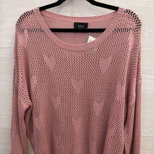 Vici Pink Open Knit Heart Detail Long Sleeve Sweater Top Medium