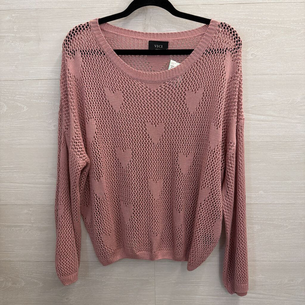 Vici Pink Open Knit Heart Detail Long Sleeve Sweater Top Medium