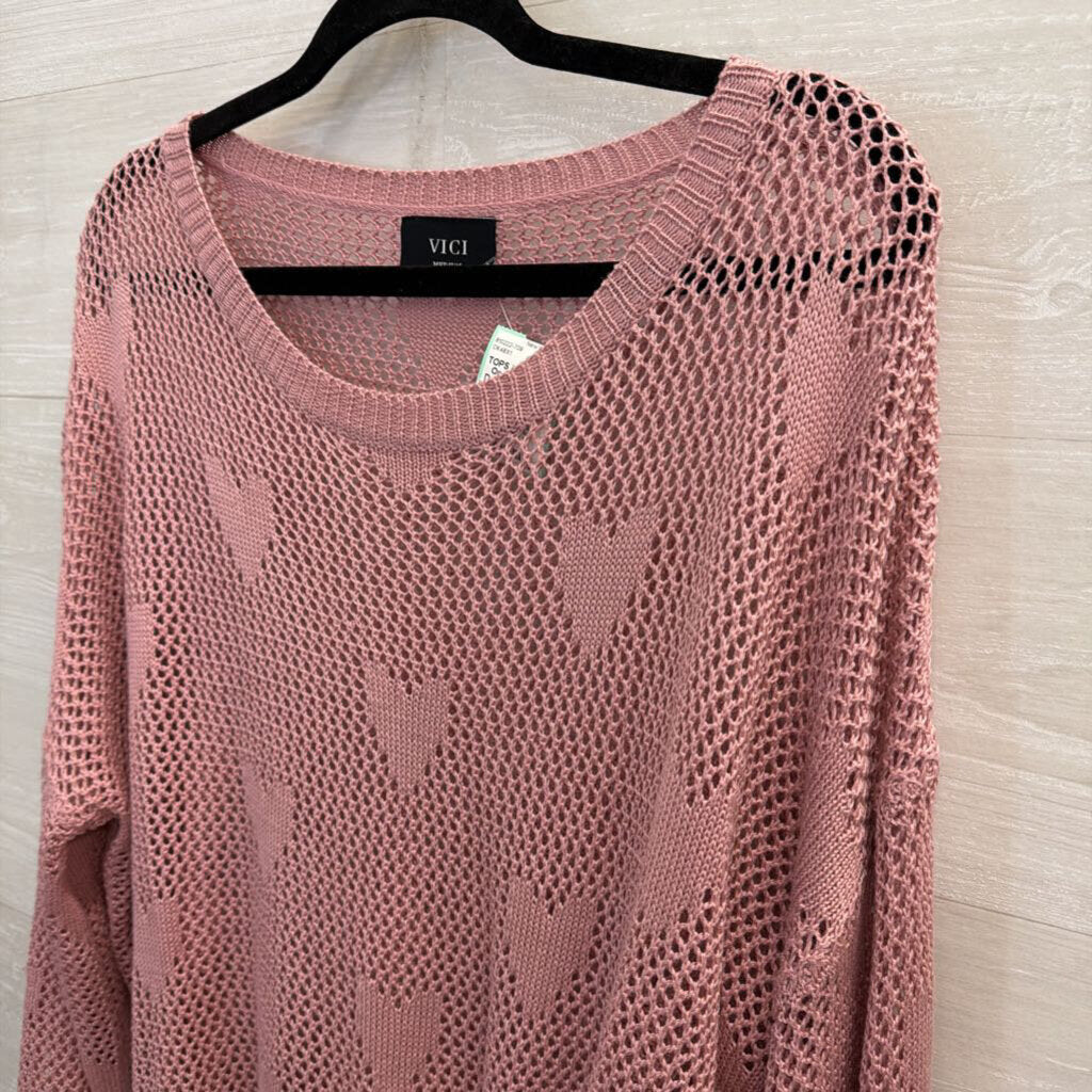 Vici Pink Open Knit Heart Detail Long Sleeve Sweater Top Medium