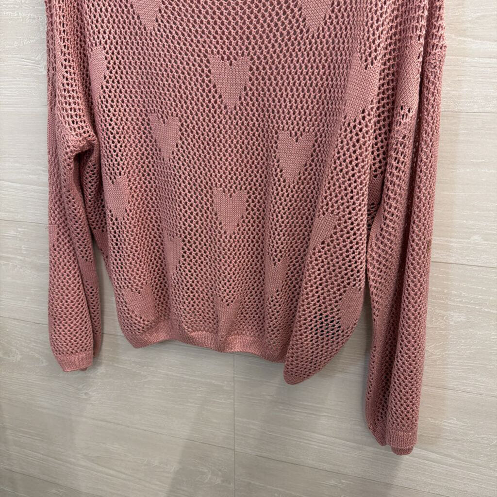 Vici Pink Open Knit Heart Detail Long Sleeve Sweater Top Medium
