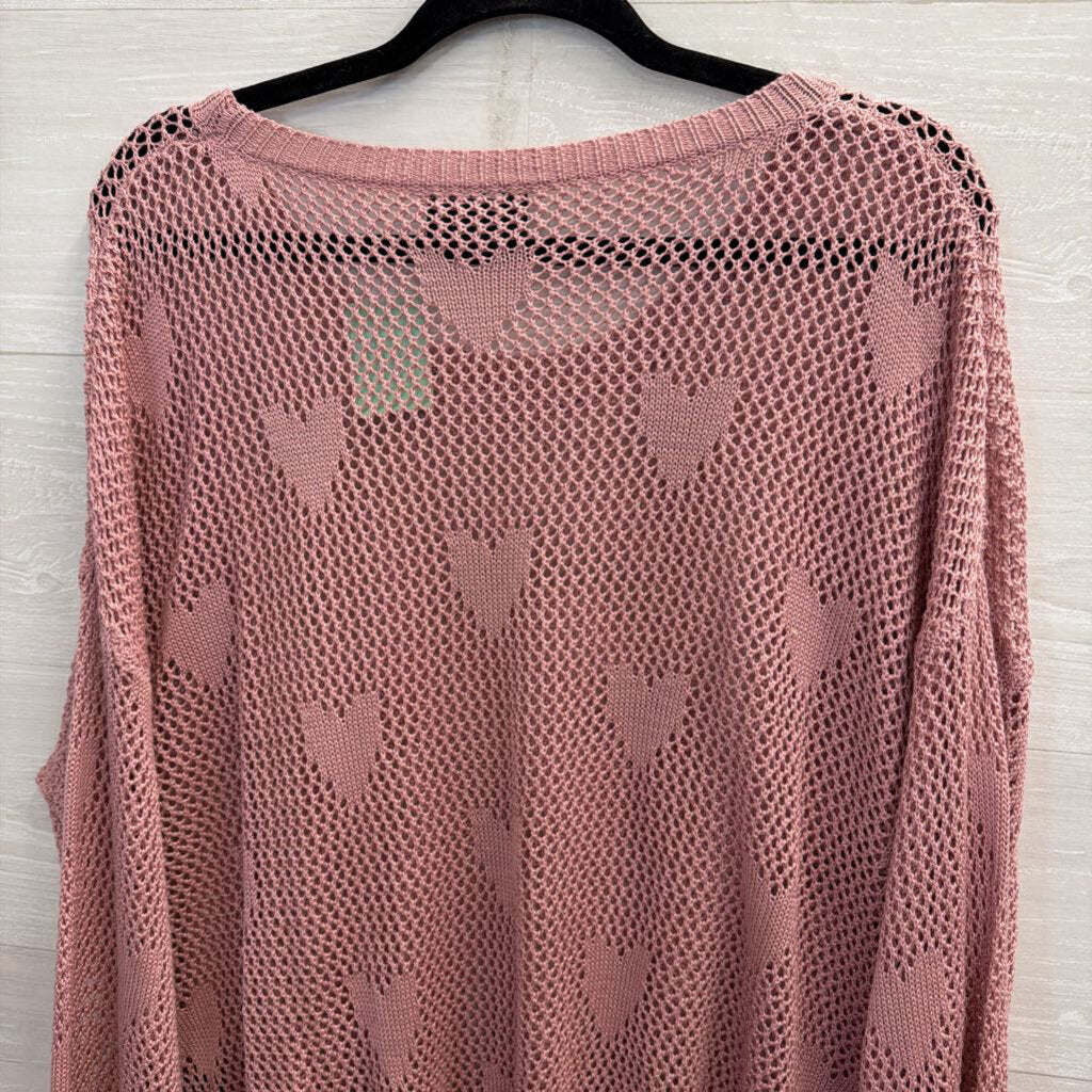 Vici Pink Open Knit Heart Detail Long Sleeve Sweater Top Medium