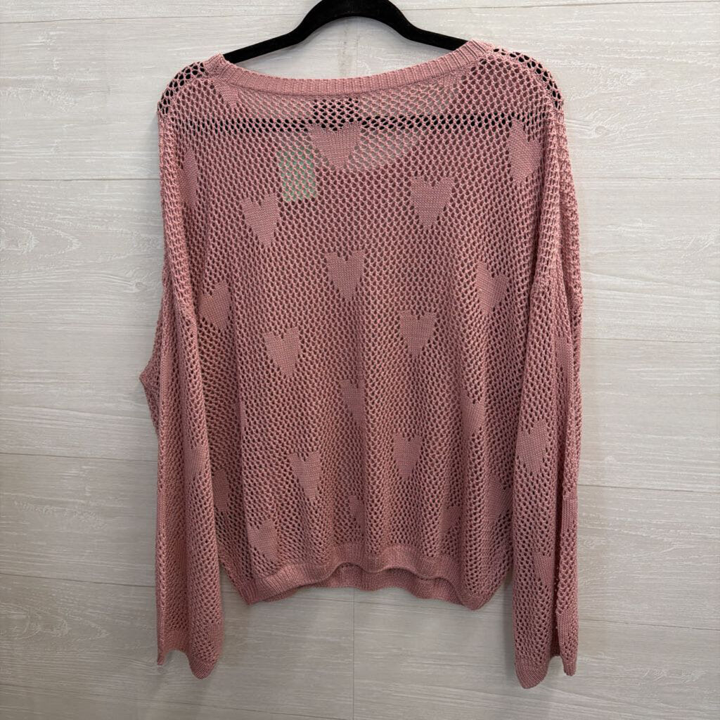 Vici Pink Open Knit Heart Detail Long Sleeve Sweater Top Medium