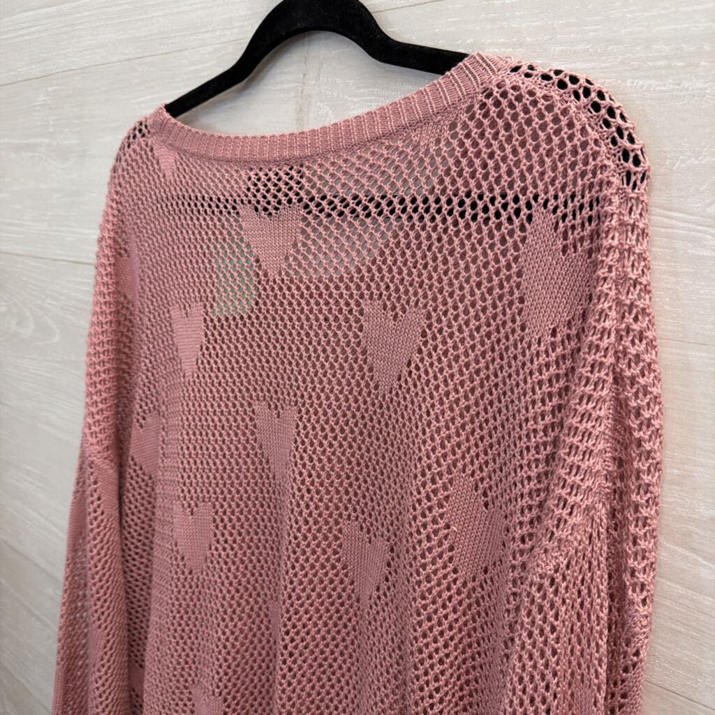 Vici Pink Open Knit Heart Detail Long Sleeve Sweater Top Medium