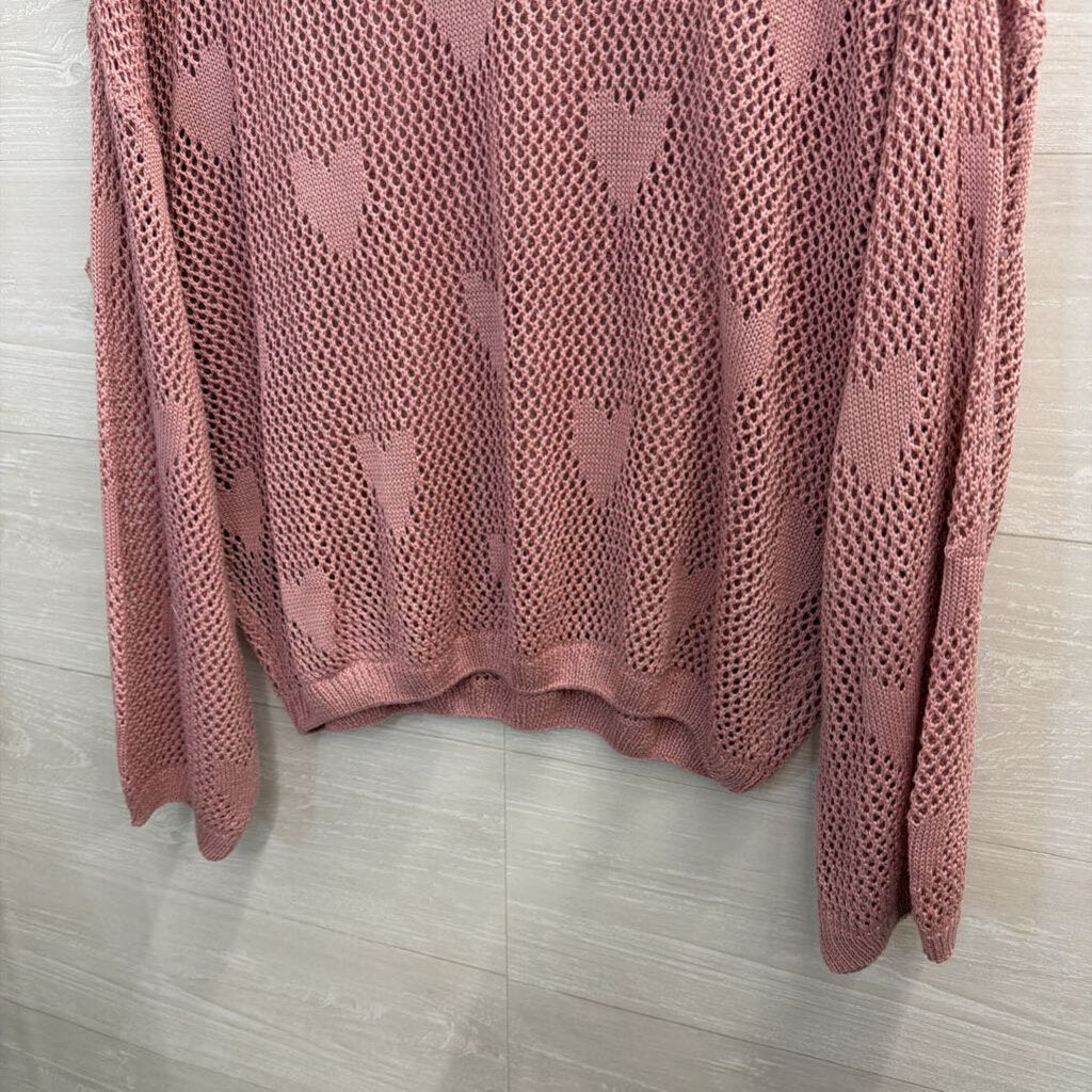 Vici Pink Open Knit Heart Detail Long Sleeve Sweater Top Medium