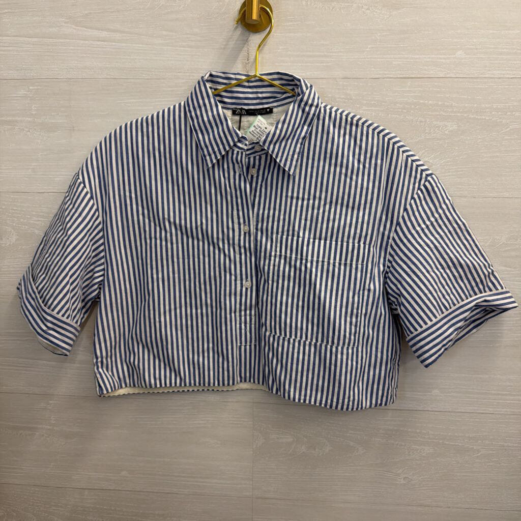 Zara Blue/ White Striped Cropped Short Sleeve Boxy Top Medium