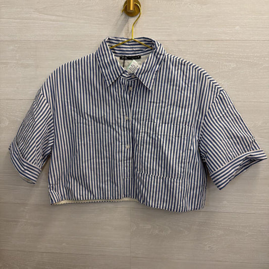Zara Blue/ White Striped Cropped Short Sleeve Boxy Top Medium