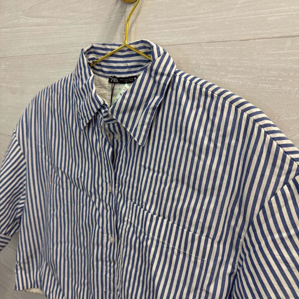 Zara Blue/ White Striped Cropped Short Sleeve Boxy Top Medium
