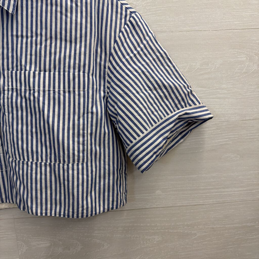 Zara Blue/ White Striped Cropped Short Sleeve Boxy Top Medium