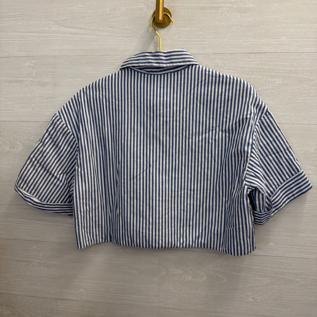 Zara Blue/ White Striped Cropped Short Sleeve Boxy Top Medium