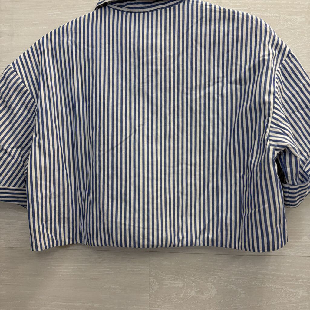 Zara Blue/ White Striped Cropped Short Sleeve Boxy Top Medium
