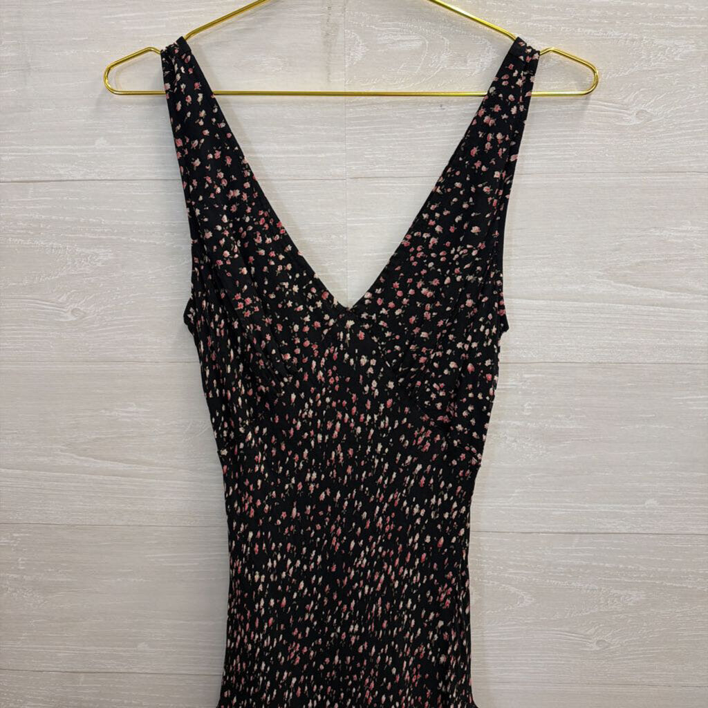 Majick Black/ Pink Floral Print Sleeveless V Neck Maxi Dress Small