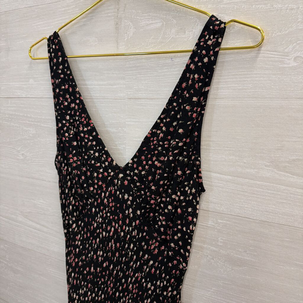 Majick Black/ Pink Floral Print Sleeveless V Neck Maxi Dress Small