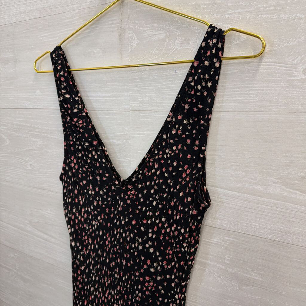Majick Black/ Pink Floral Print Sleeveless V Neck Maxi Dress Small