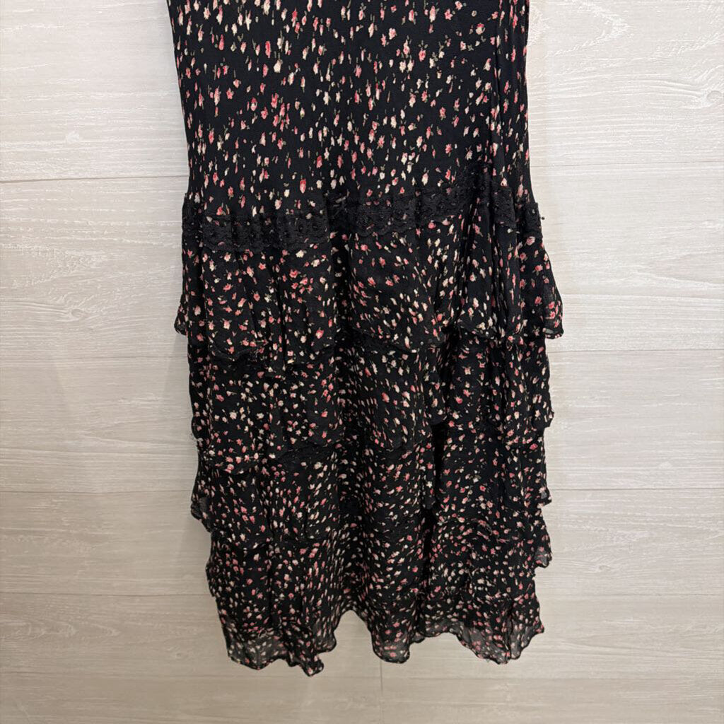 Majick Black/ Pink Floral Print Sleeveless V Neck Maxi Dress Small