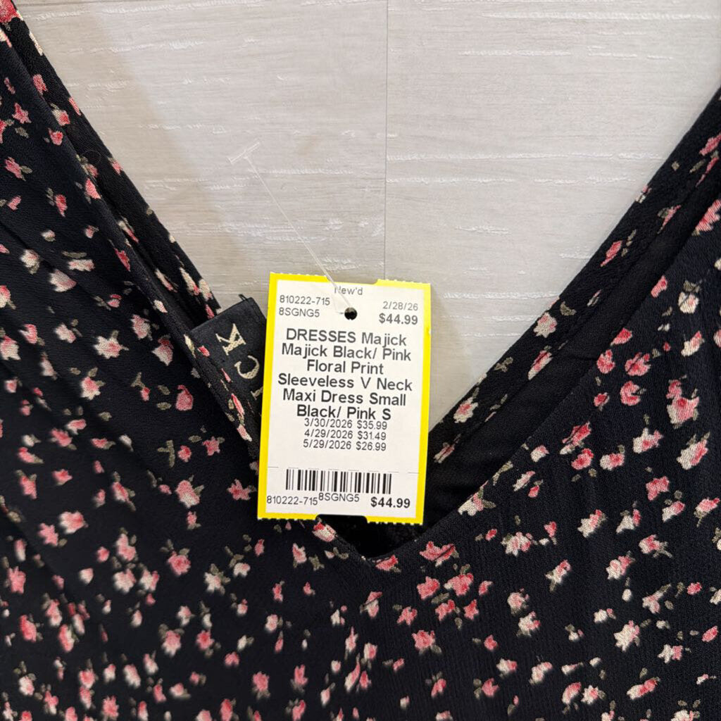 Majick Black/ Pink Floral Print Sleeveless V Neck Maxi Dress Small