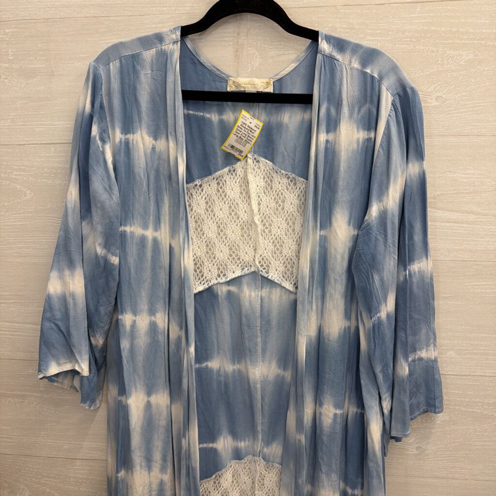 Weekend Blue/ White Tie Dye Lace Detail Long Sleeve Open Front Duster Large