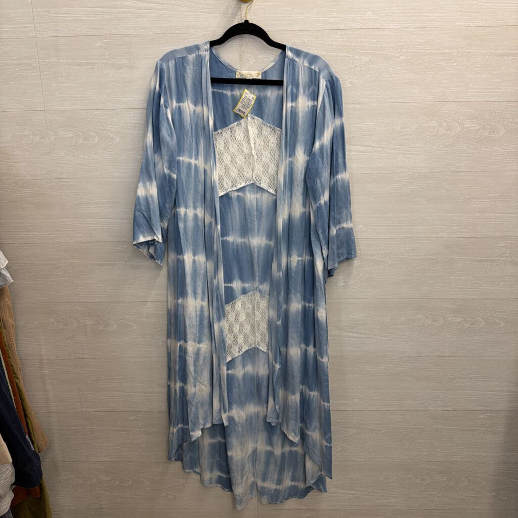 Weekend Blue/ White Tie Dye Lace Detail Long Sleeve Open Front Duster Large