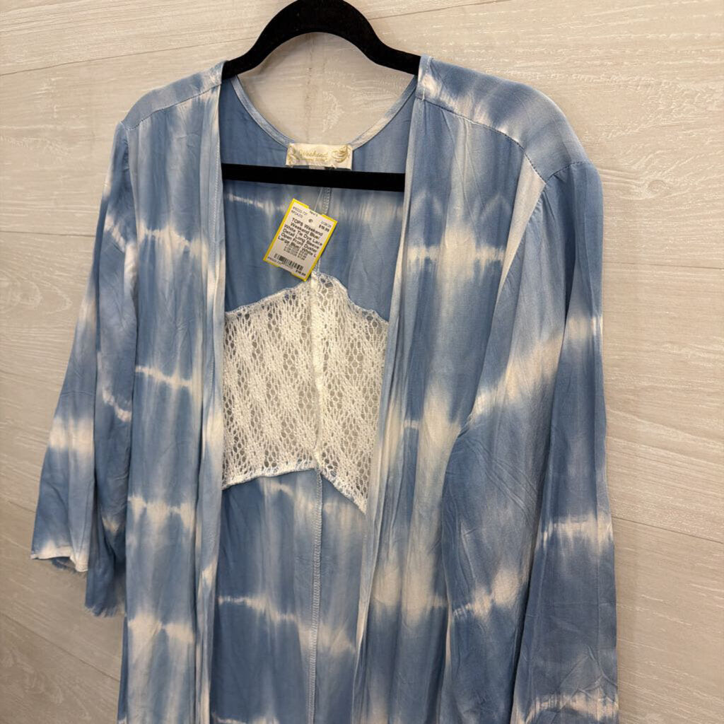 Weekend Blue/ White Tie Dye Lace Detail Long Sleeve Open Front Duster Large
