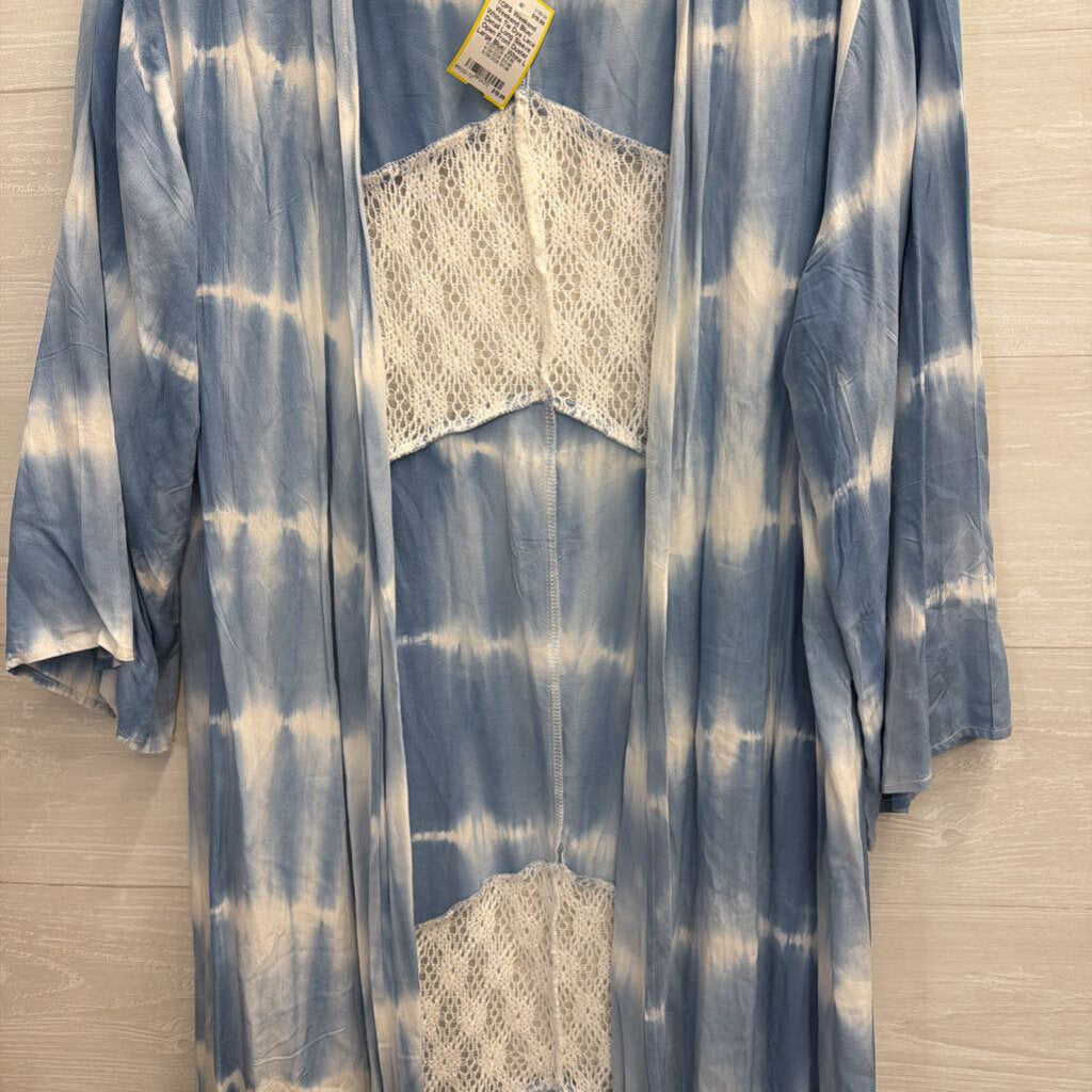 Weekend Blue/ White Tie Dye Lace Detail Long Sleeve Open Front Duster Large