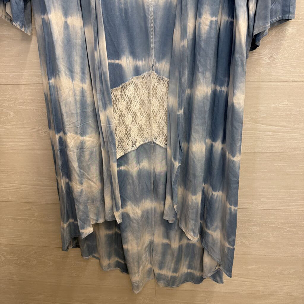 Weekend Blue/ White Tie Dye Lace Detail Long Sleeve Open Front Duster Large
