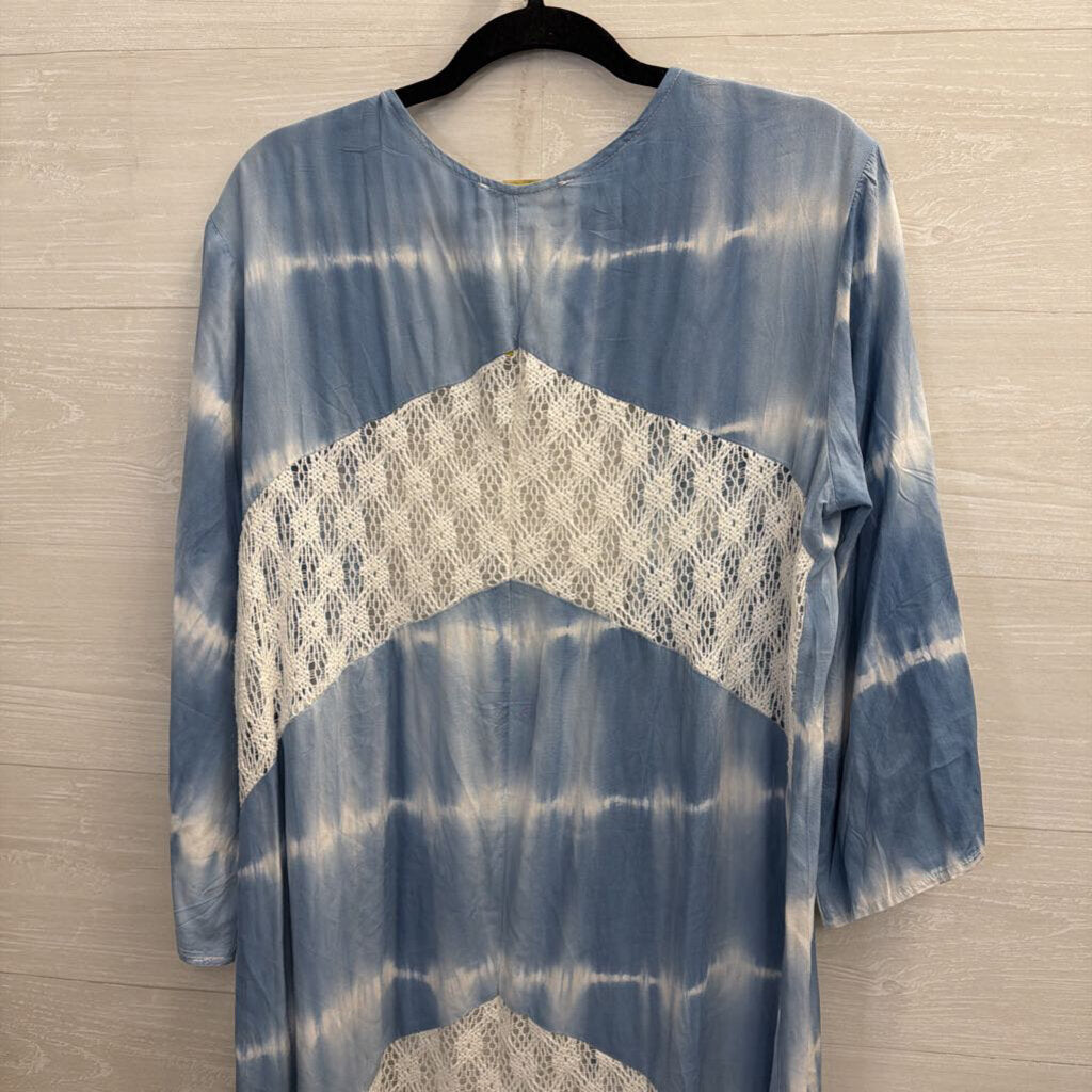 Weekend Blue/ White Tie Dye Lace Detail Long Sleeve Open Front Duster Large