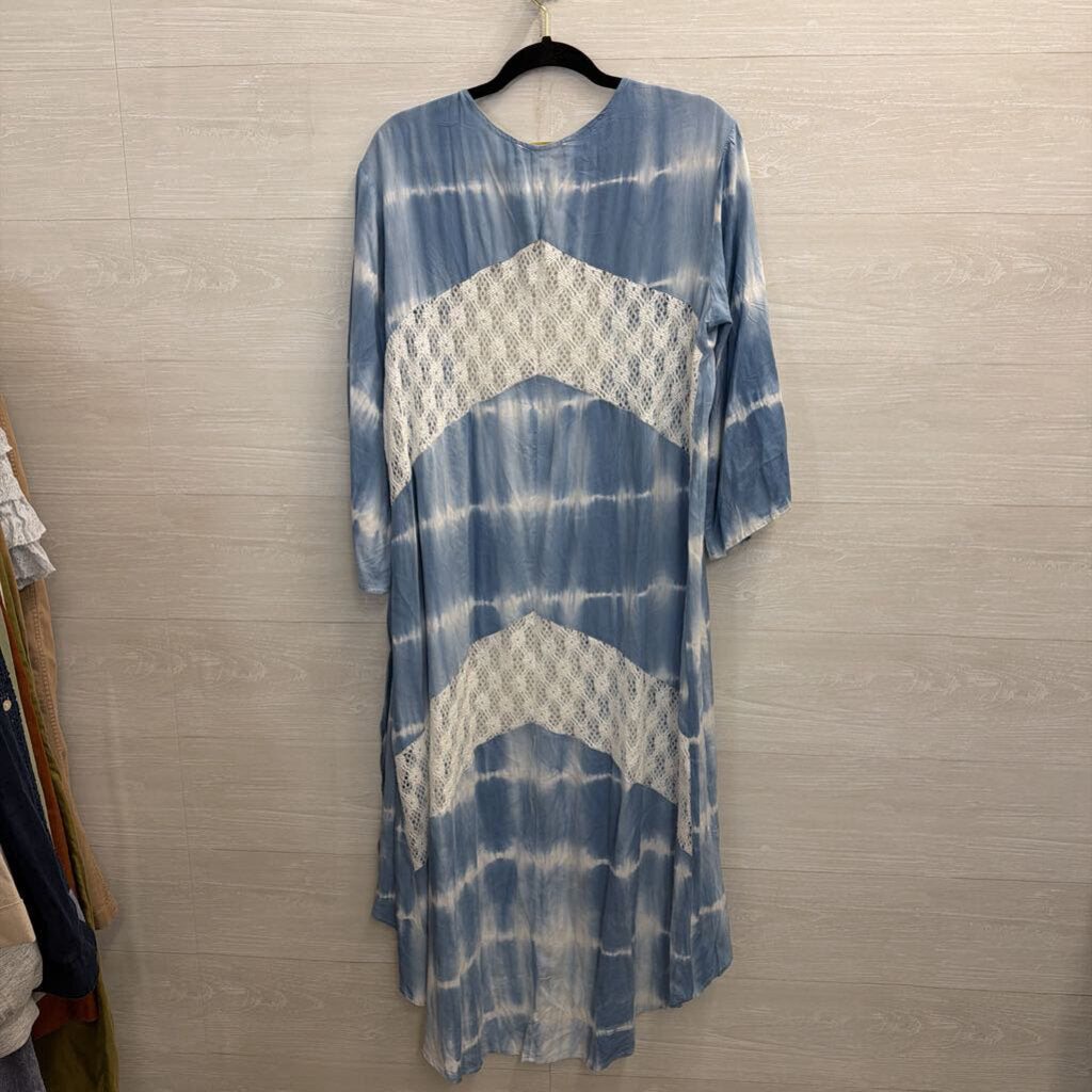 Weekend Blue/ White Tie Dye Lace Detail Long Sleeve Open Front Duster Large