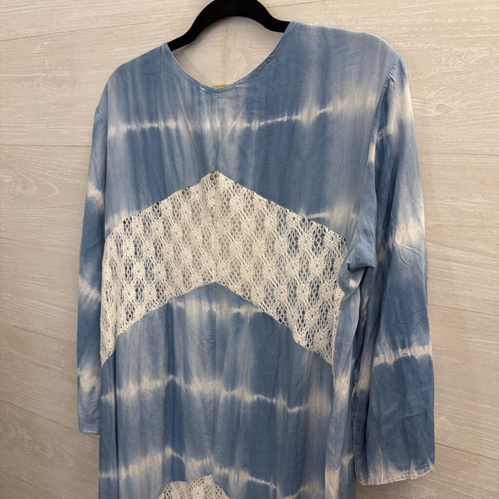 Weekend Blue/ White Tie Dye Lace Detail Long Sleeve Open Front Duster Large