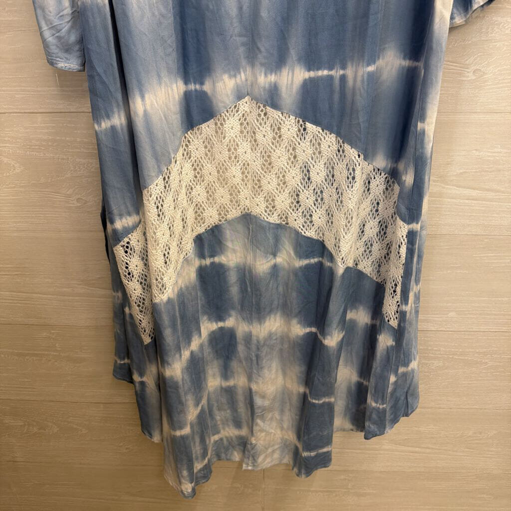 Weekend Blue/ White Tie Dye Lace Detail Long Sleeve Open Front Duster Large