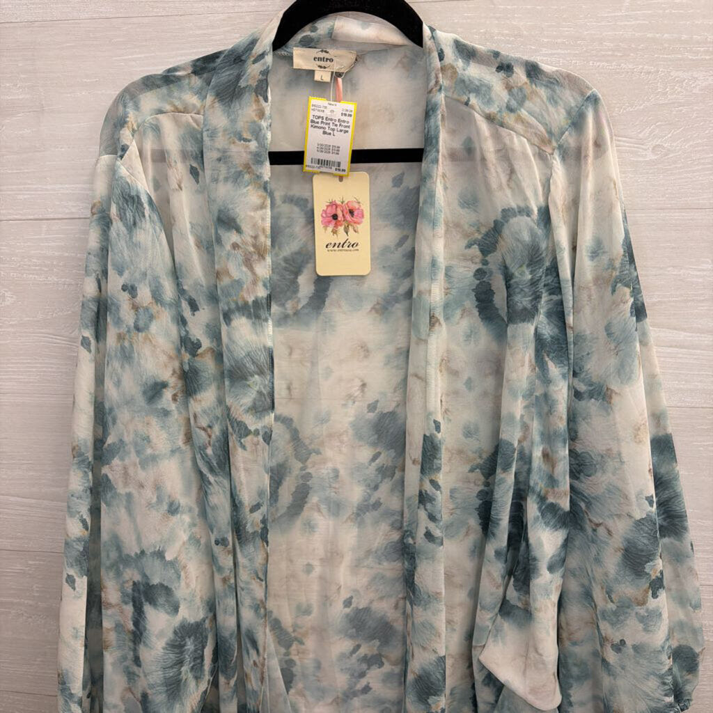 Entro Blue Print Tie Front Kimono Top Large