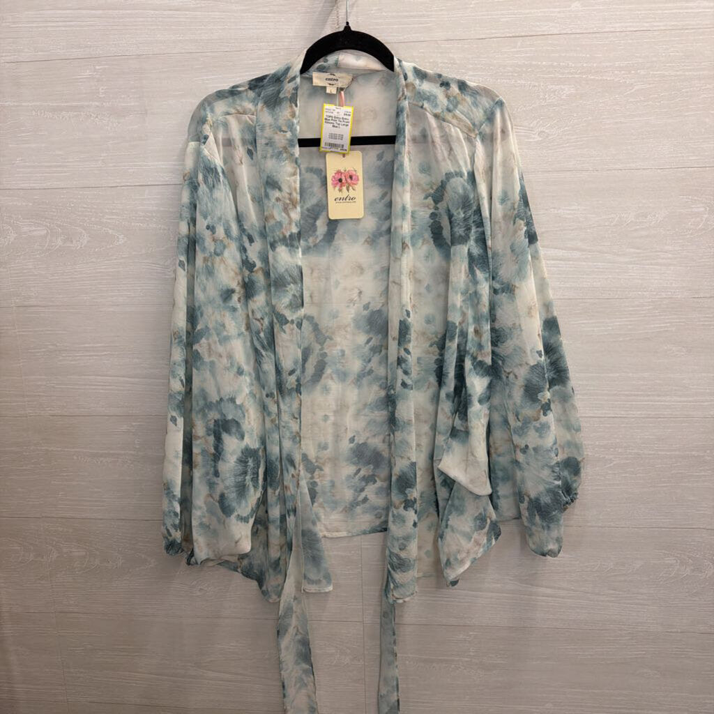 Entro Blue Print Tie Front Kimono Top Large