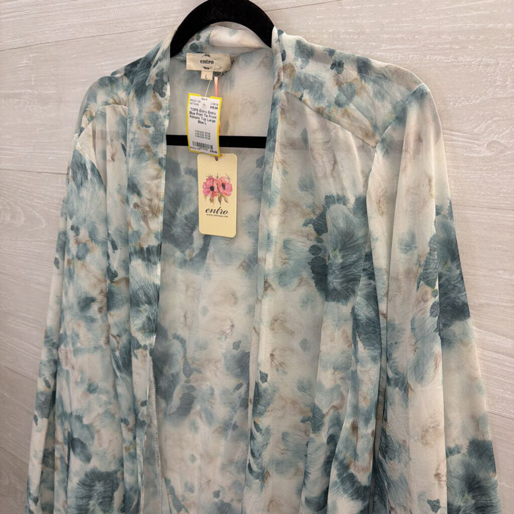 Entro Blue Print Tie Front Kimono Top Large