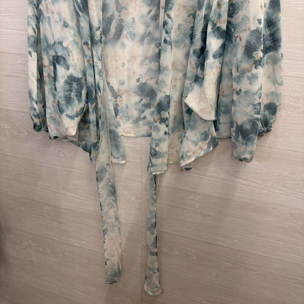 Entro Blue Print Tie Front Kimono Top Large