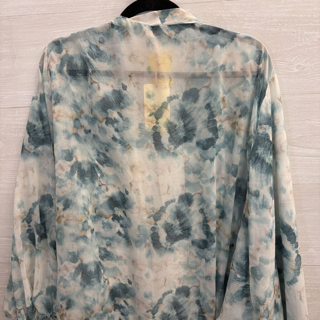 Entro Blue Print Tie Front Kimono Top Large