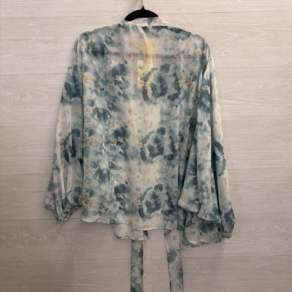 Entro Blue Print Tie Front Kimono Top Large