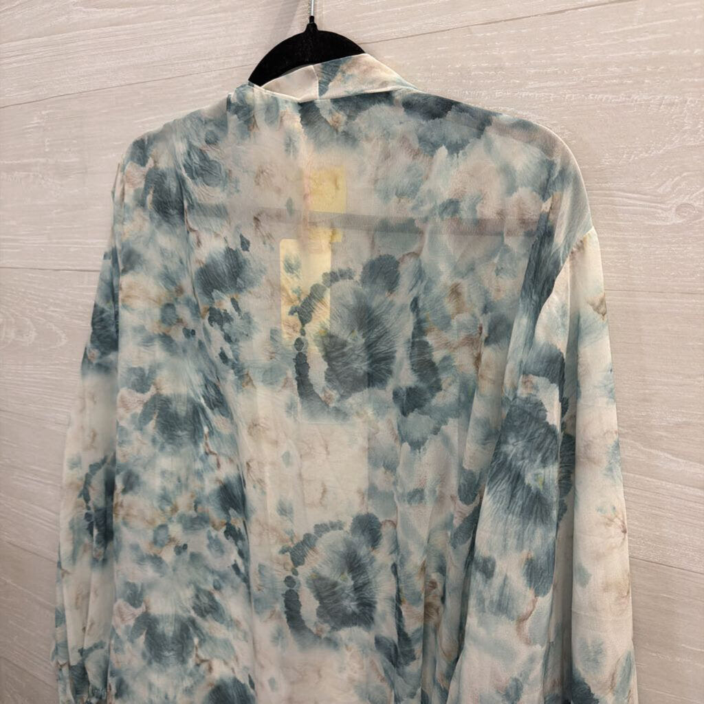 Entro Blue Print Tie Front Kimono Top Large