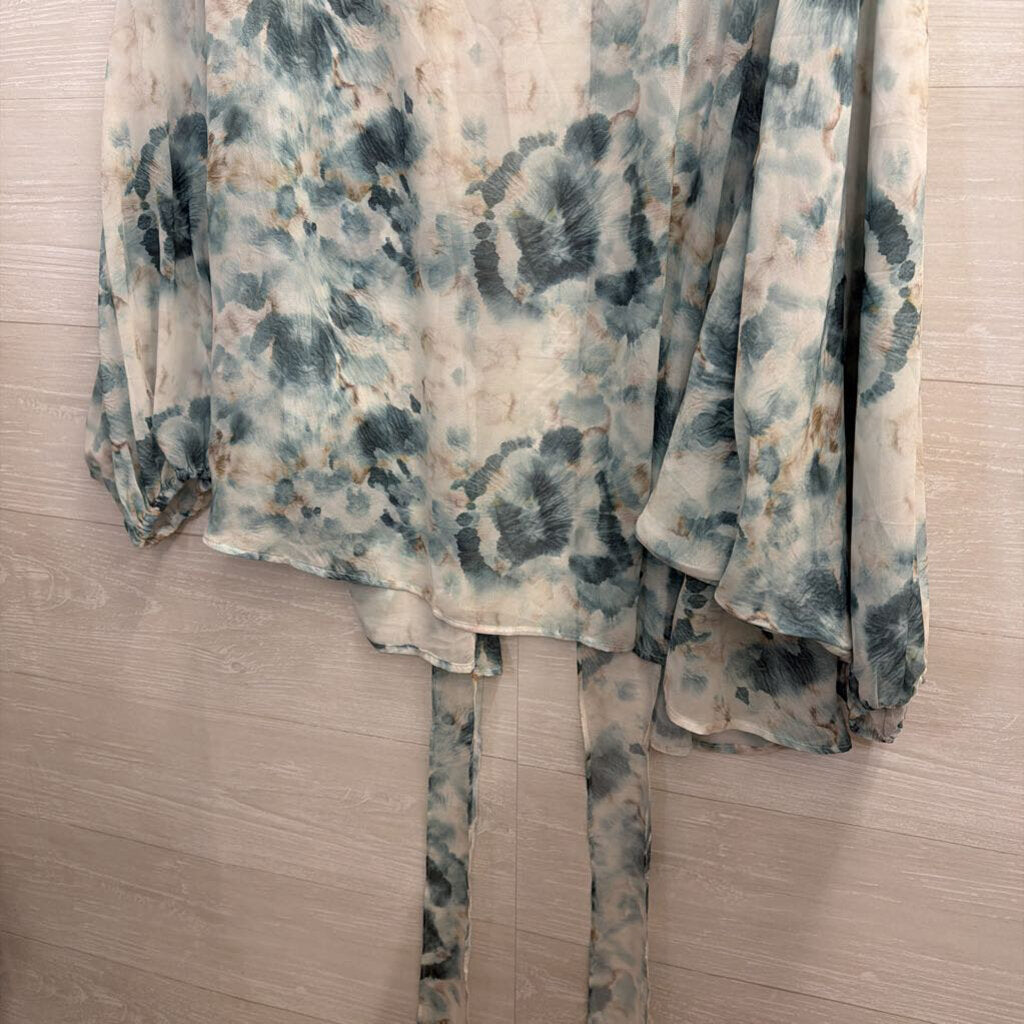 Entro Blue Print Tie Front Kimono Top Large