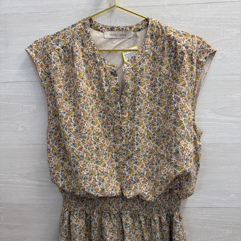 Bishop and Young Cream/ Multi Floral Print Smocked Waist Dress Medium