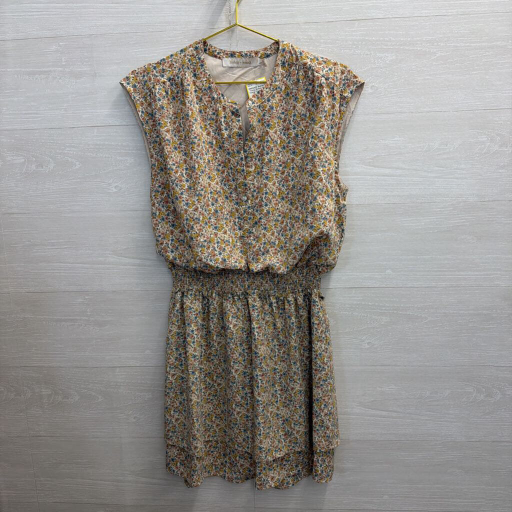 Bishop and Young Cream/ Multi Floral Print Smocked Waist Dress Medium