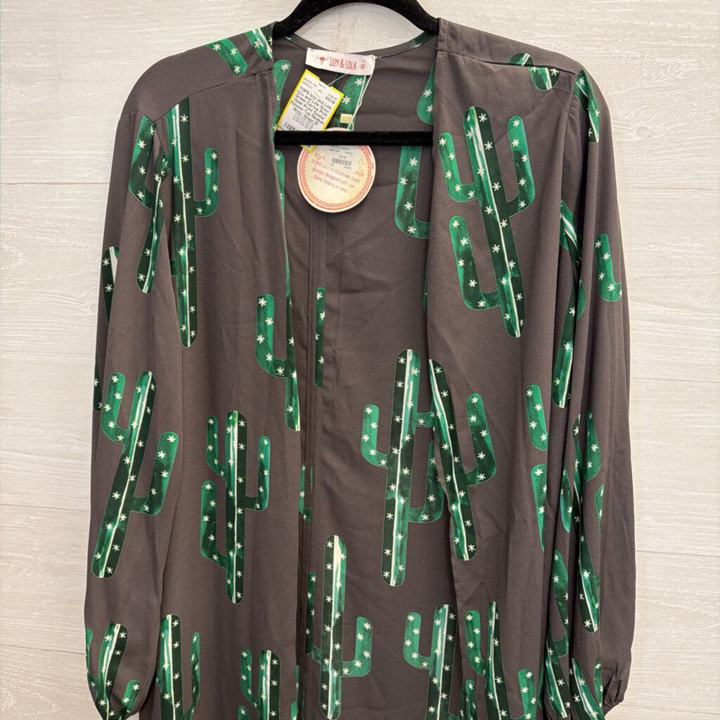 Izzy and Lola Grey/ Green Cactus Print Open Front Duster Kimono Top Medium