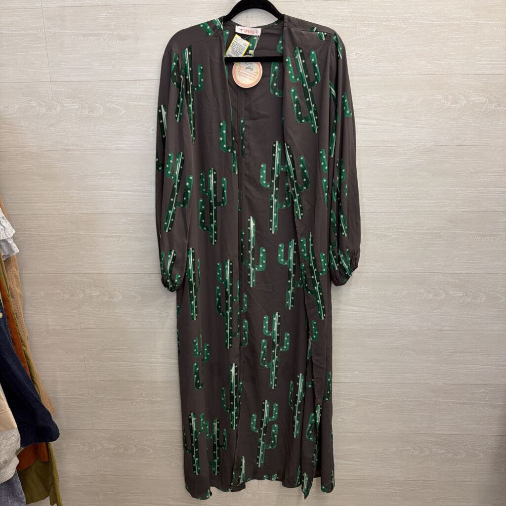 Izzy and Lola Grey/ Green Cactus Print Open Front Duster Kimono Top Medium