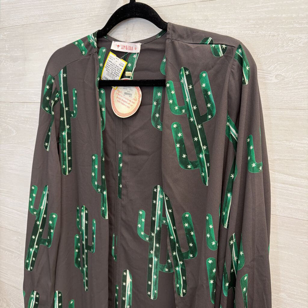 Izzy and Lola Grey/ Green Cactus Print Open Front Duster Kimono Top Medium