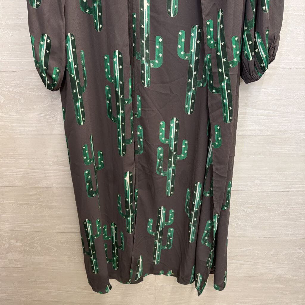 Izzy and Lola Grey/ Green Cactus Print Open Front Duster Kimono Top Medium