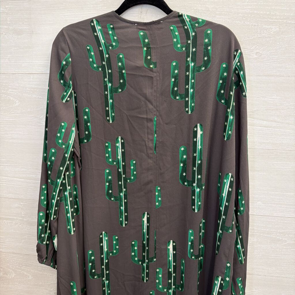 Izzy and Lola Grey/ Green Cactus Print Open Front Duster Kimono Top Medium