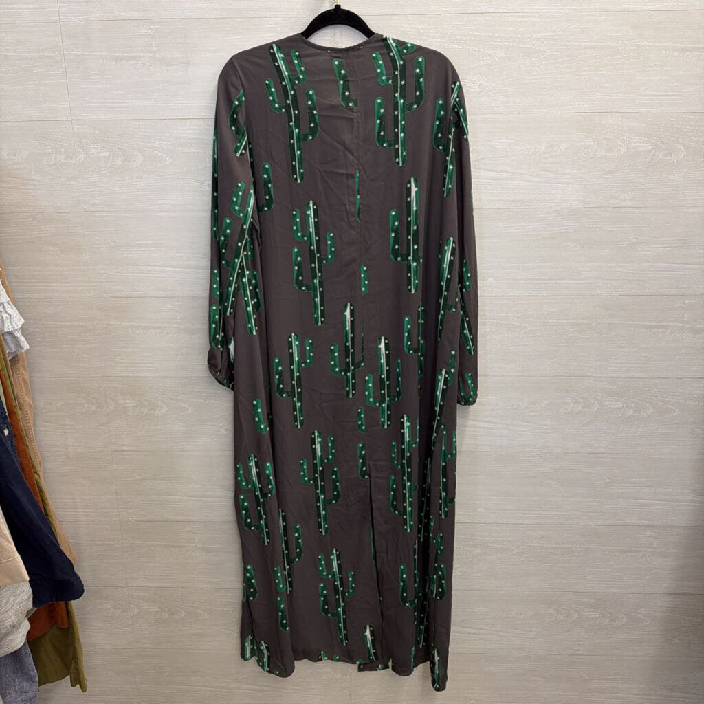Izzy and Lola Grey/ Green Cactus Print Open Front Duster Kimono Top Medium