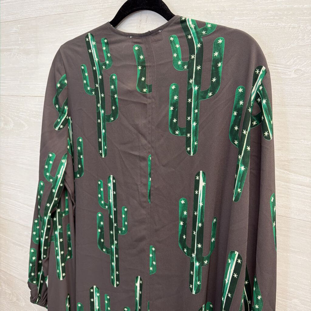 Izzy and Lola Grey/ Green Cactus Print Open Front Duster Kimono Top Medium